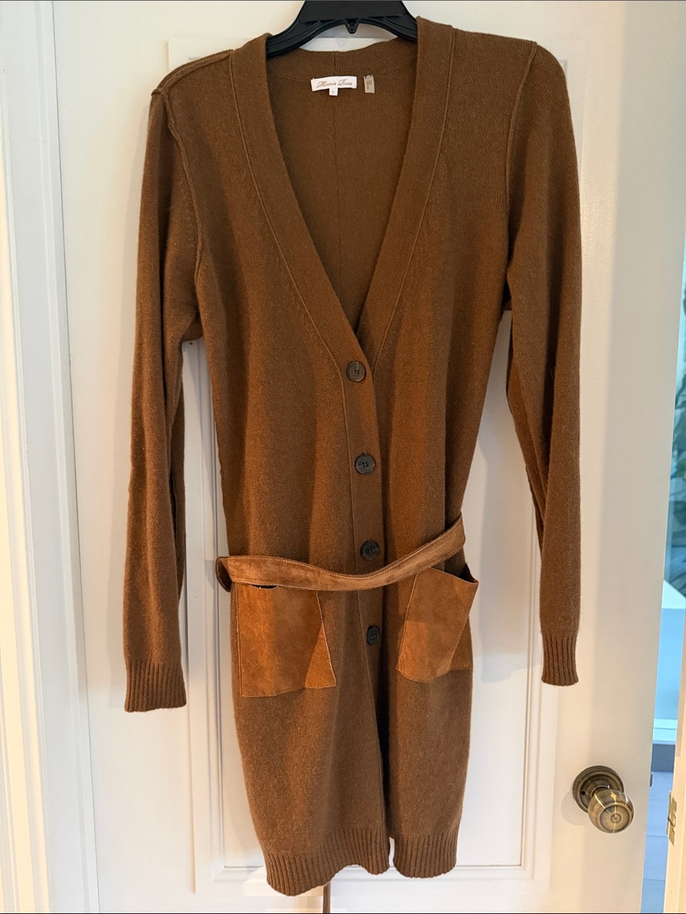 Minnie Rose Long Sleeve Brown Knit Cardigan Dress with Belt